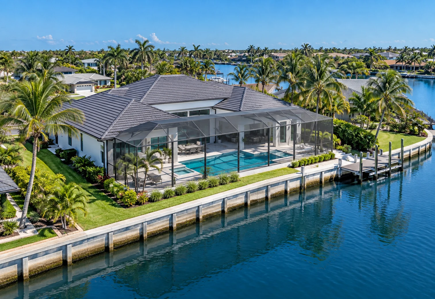 Illustrative Florida waterfront home and pool